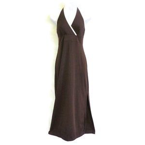 Esprit De Corp Vintage Dress Halter Maxi Brown White Trim Side Slit USA M